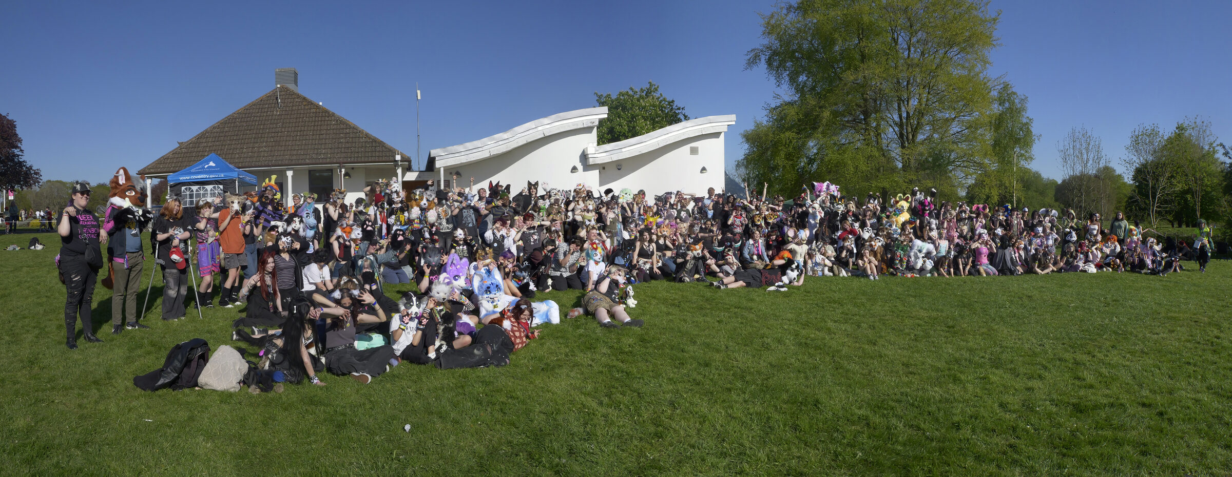 A panoramic shot of everyone gathered at Pups in the Park
